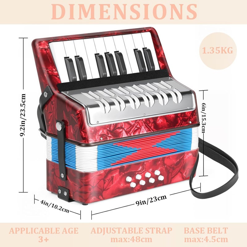 LOTKEY 17 Key Piano Accordion, 8 Bass Kids Accordion, Celluloid Body, Metal Cover Accordions Louder Clearer Timbre Than Plastic, Lightweight Design for Children, Beginners to Practice (Red) - Image 2